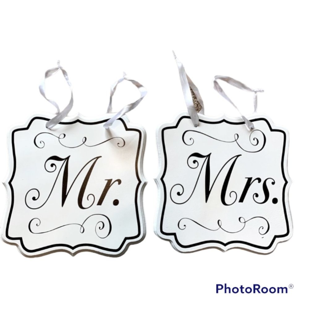 Mr and Mrs white wooden wedding wall signs black lettering